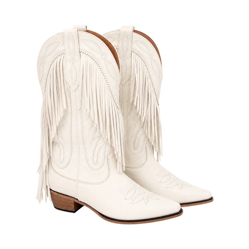 Women's Ivory Cowboy Boots Size 8 Western Embroidered Fringe Cowgirl Boho